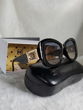 Two Tones Women's Black Sunglasses with Gold CC Accent